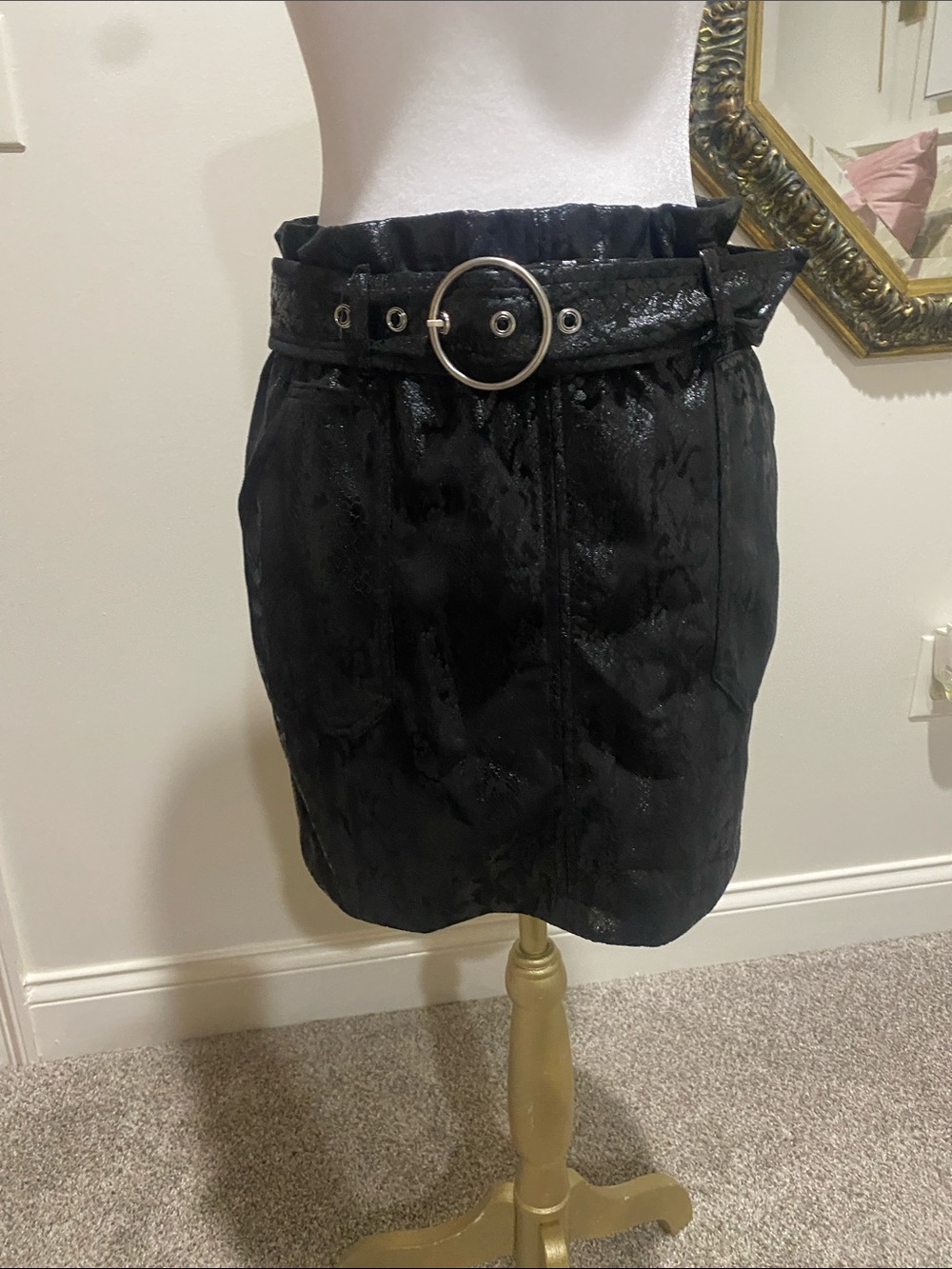 Haute Monde Black Paperbag Waist Mini Skirt with Round Buckle Belt